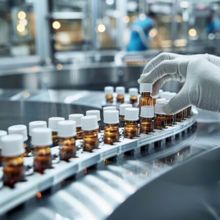 Laboratory technician working with glass containers filled with liquids, wearing protective gear